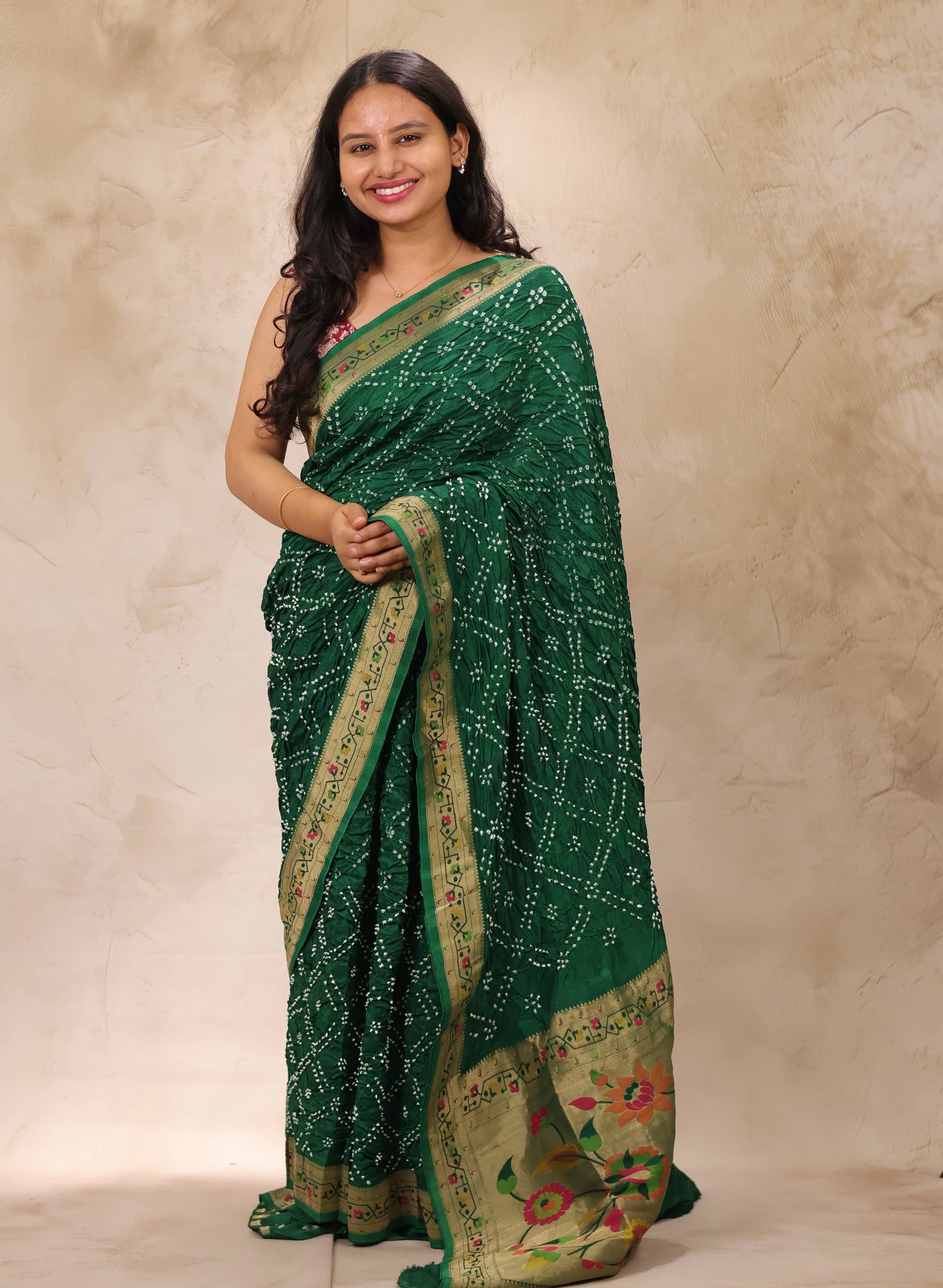 Green Handcrafted Pattern Bandhani Paithani Dola Silk Saree | Looms & Tassels