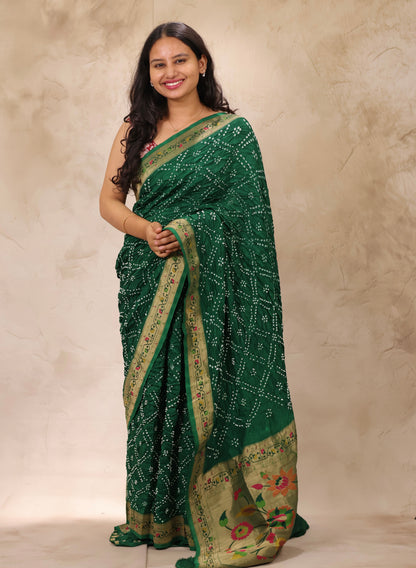 Green Handcrafted Pattern Bandhani Paithani Dola Silk Saree | Looms & Tassels