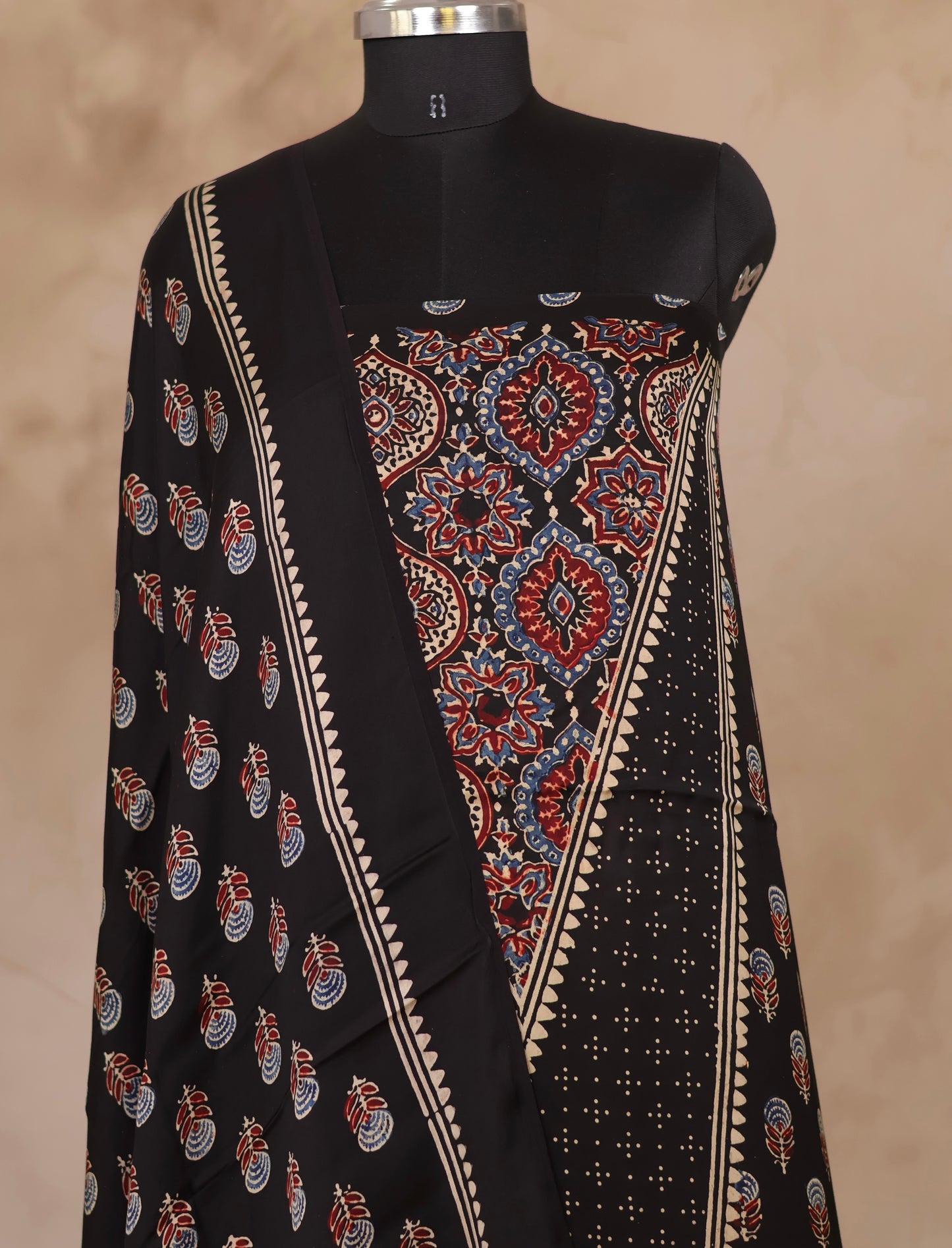 Black Ajrakh Handblock Printed Modal Silk 2 Piece Suit Set | Looms & Tassels