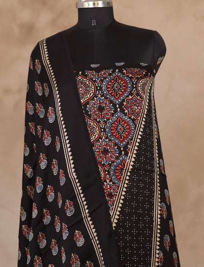 Black Ajrakh Handblock Printed Modal Silk 2 Piece Suit Set | Looms & Tassels