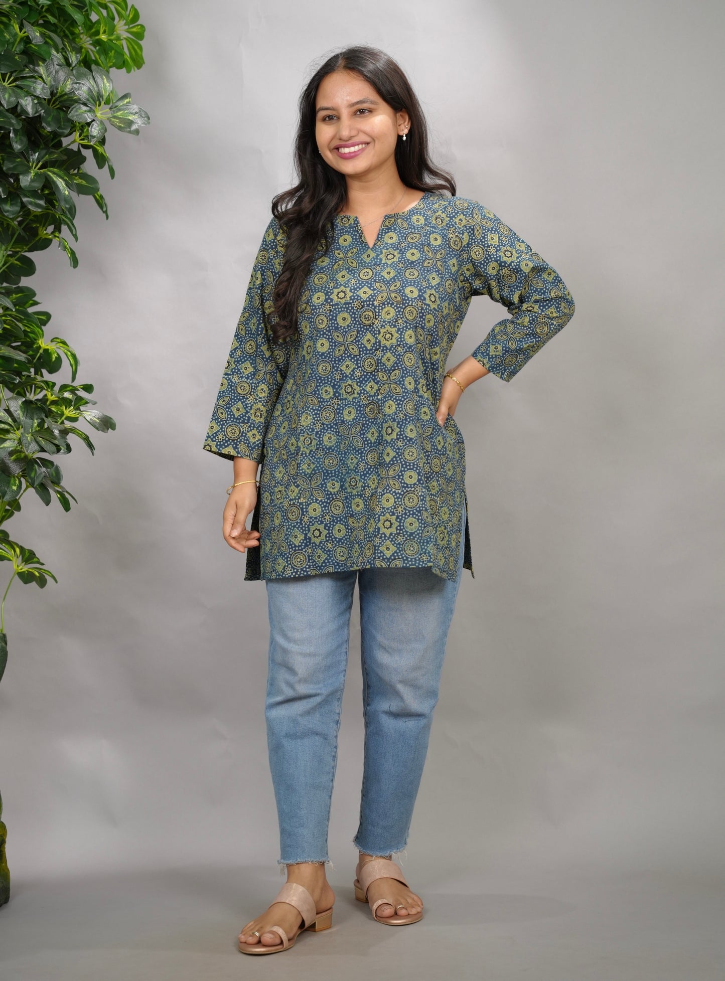 Indigo Ajrakh Hand Block Printed Short Top
