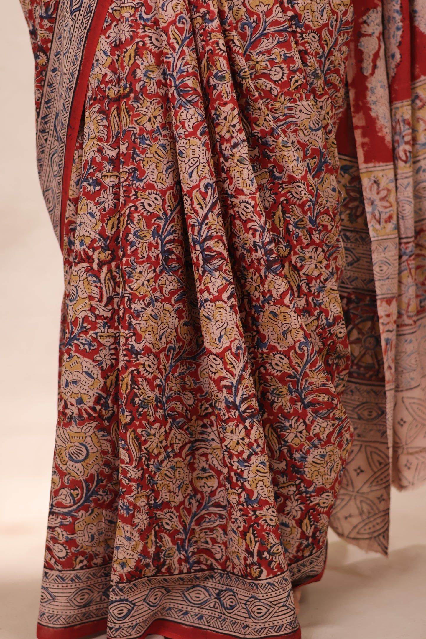 Maroon Hand Block Printed Kalamkari Cotton Saree | Looms & Tassels
