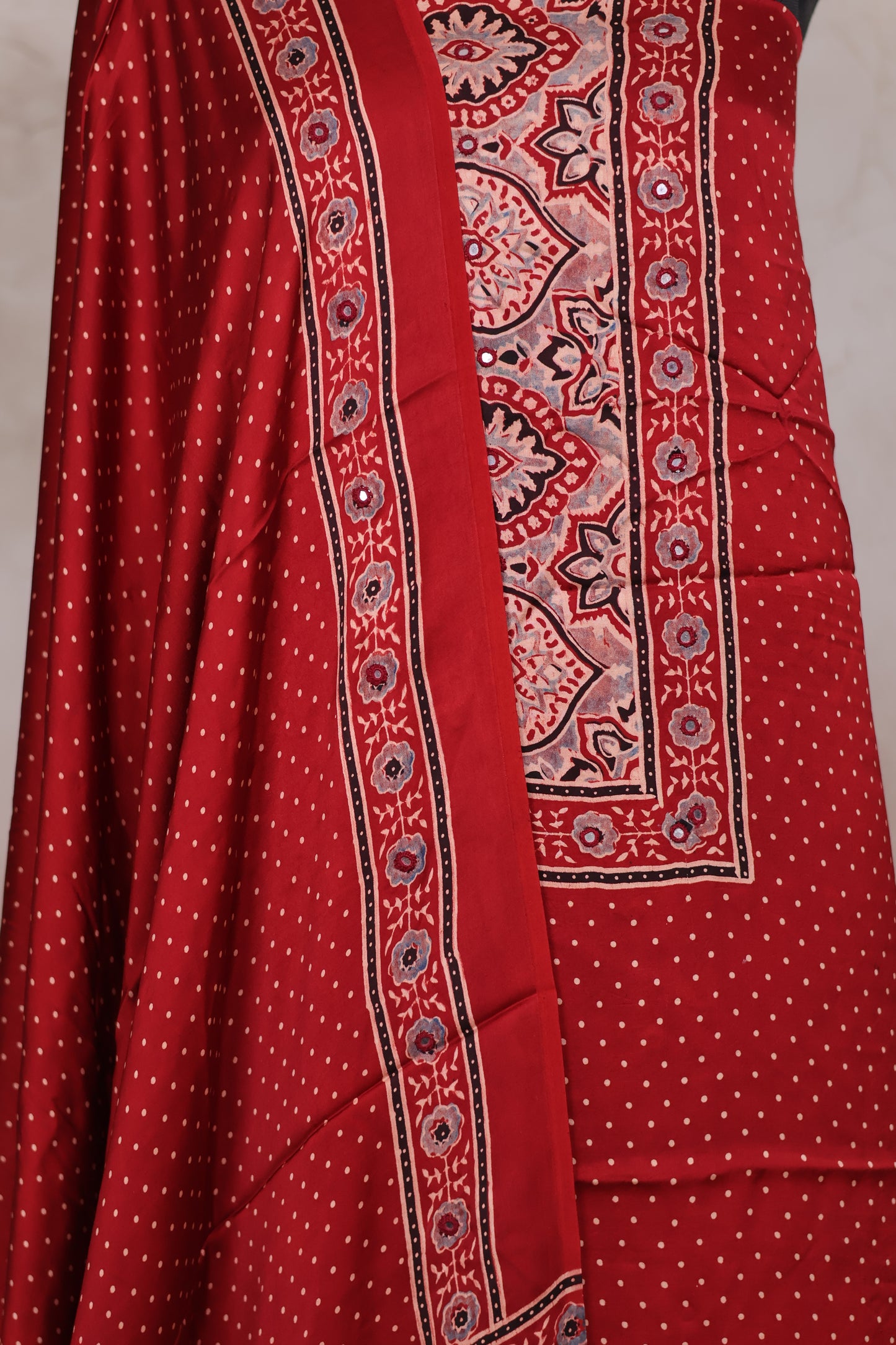 Mirror Work Maroon Ajrakh Handblock Printed Modal Silk 2 Piece Suit Set | Looms & Tassels