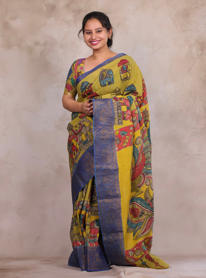 Hand Drawn Pen Kalamkari Parrot Green And Blue Bangalore Silk Kanchi Border Saree | Looms & Tassels