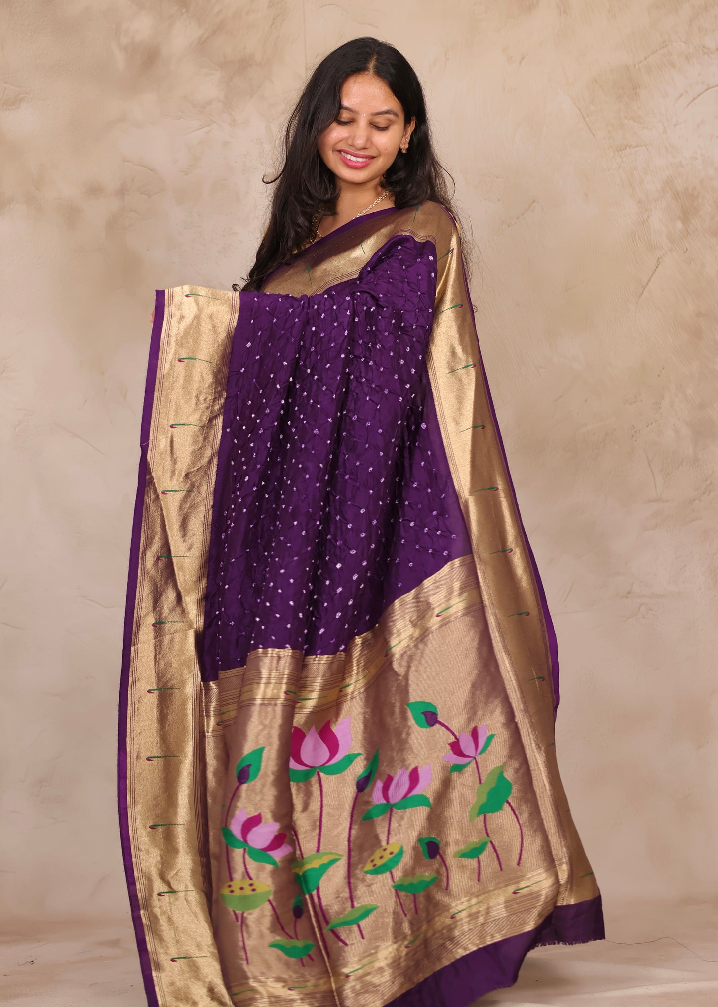 Purple Handcrafted Bandhani Paithani Dola Silk Saree | Looms & Tassels