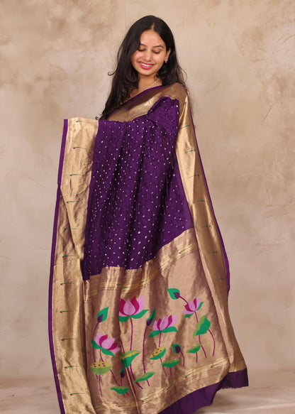 Purple Handcrafted Bandhani Paithani Dola Silk Saree | Looms & Tassels