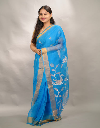 Blue Handloom Muslin Silk Saree With jamdhani weaving | Looms & Tassels