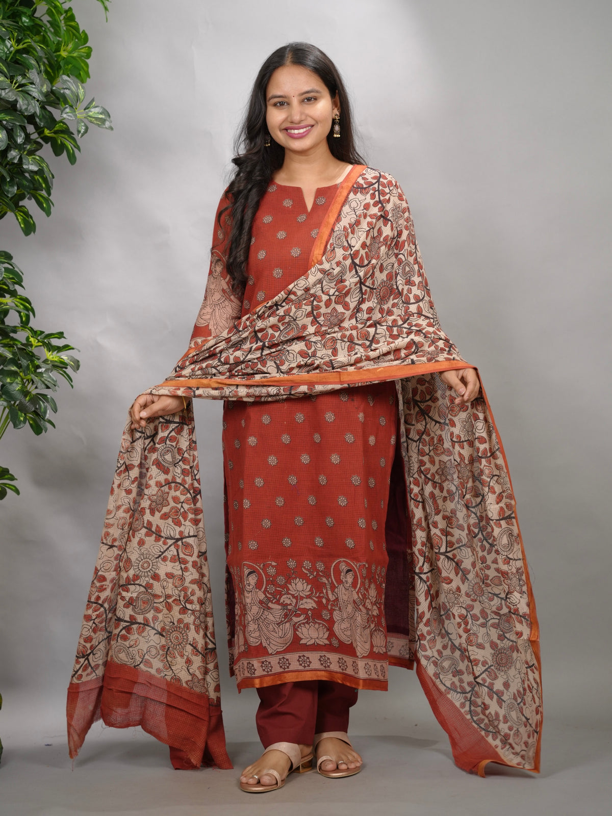Maroon Kalamkari Kota Cotton 3 piece suit (stitched) | Looms & Tassels
