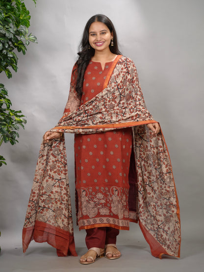 Maroon Kalamkari Kota Cotton 3 piece suit (stitched) | Looms & Tassels
