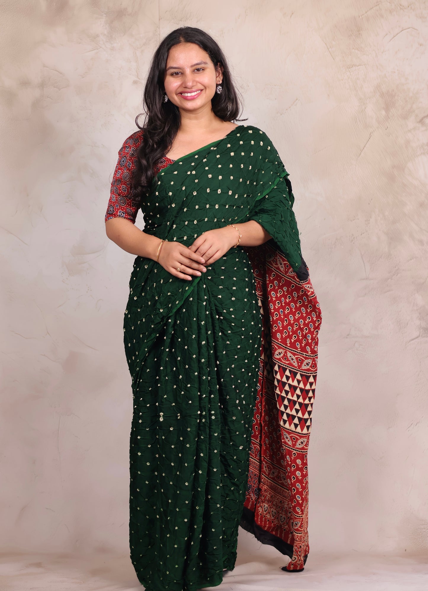 Bottle Green Hand Knotted Bandhej Modal Silk Saree with Ajrakh Pallu | Looms & Tassels