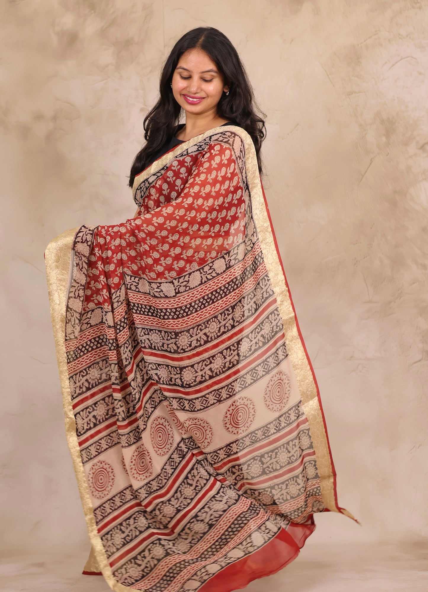 Maroon Chiffon Hand Block Printed Saree with Jari Border | Looms & Tassels