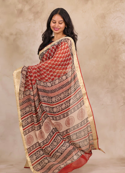 Maroon Chiffon Hand Block Printed Saree with Jari Border | Looms & Tassels