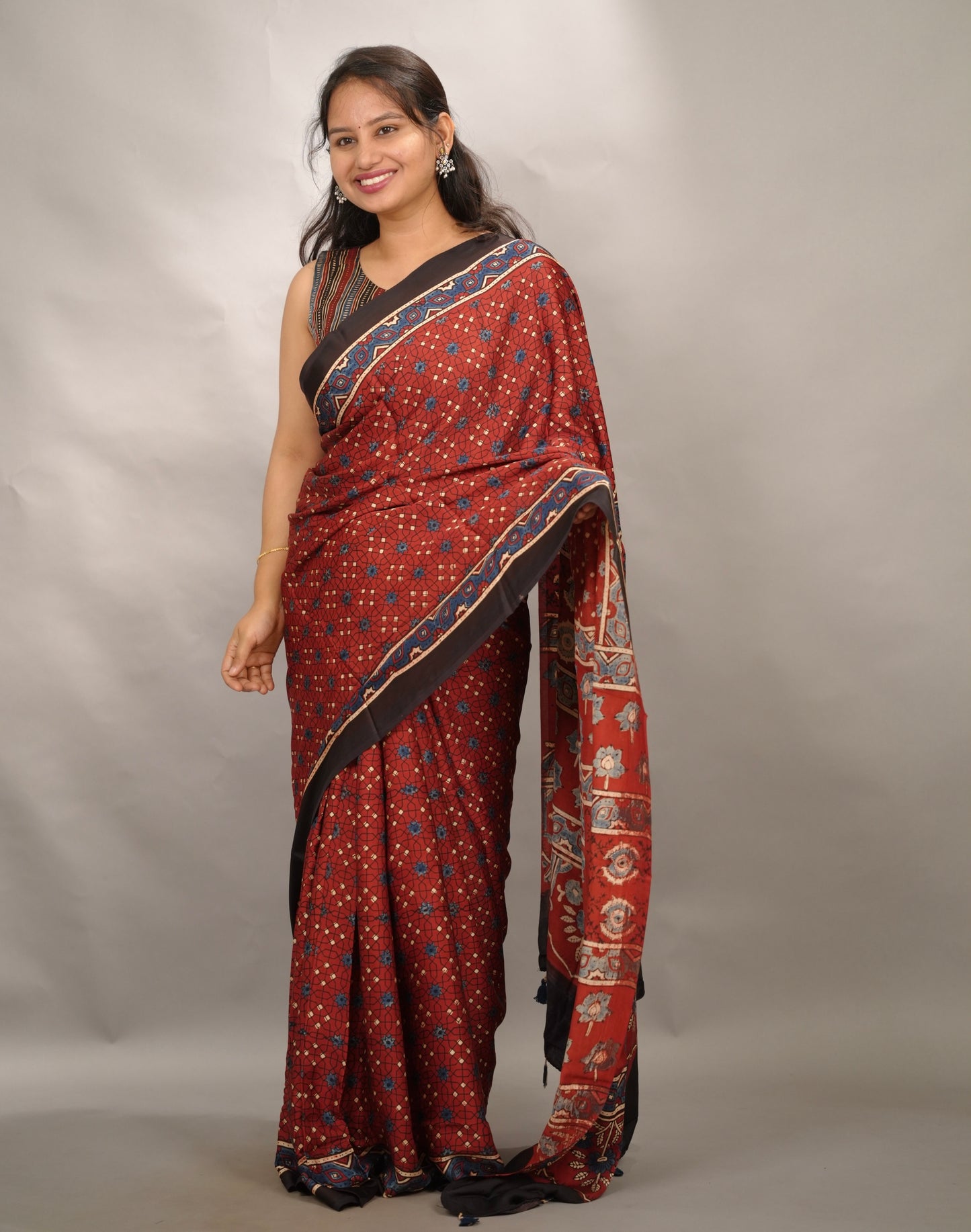 Maroon Authentic Ajrakh Handblock Printed Modal Silk Saree | Looms & Tassels