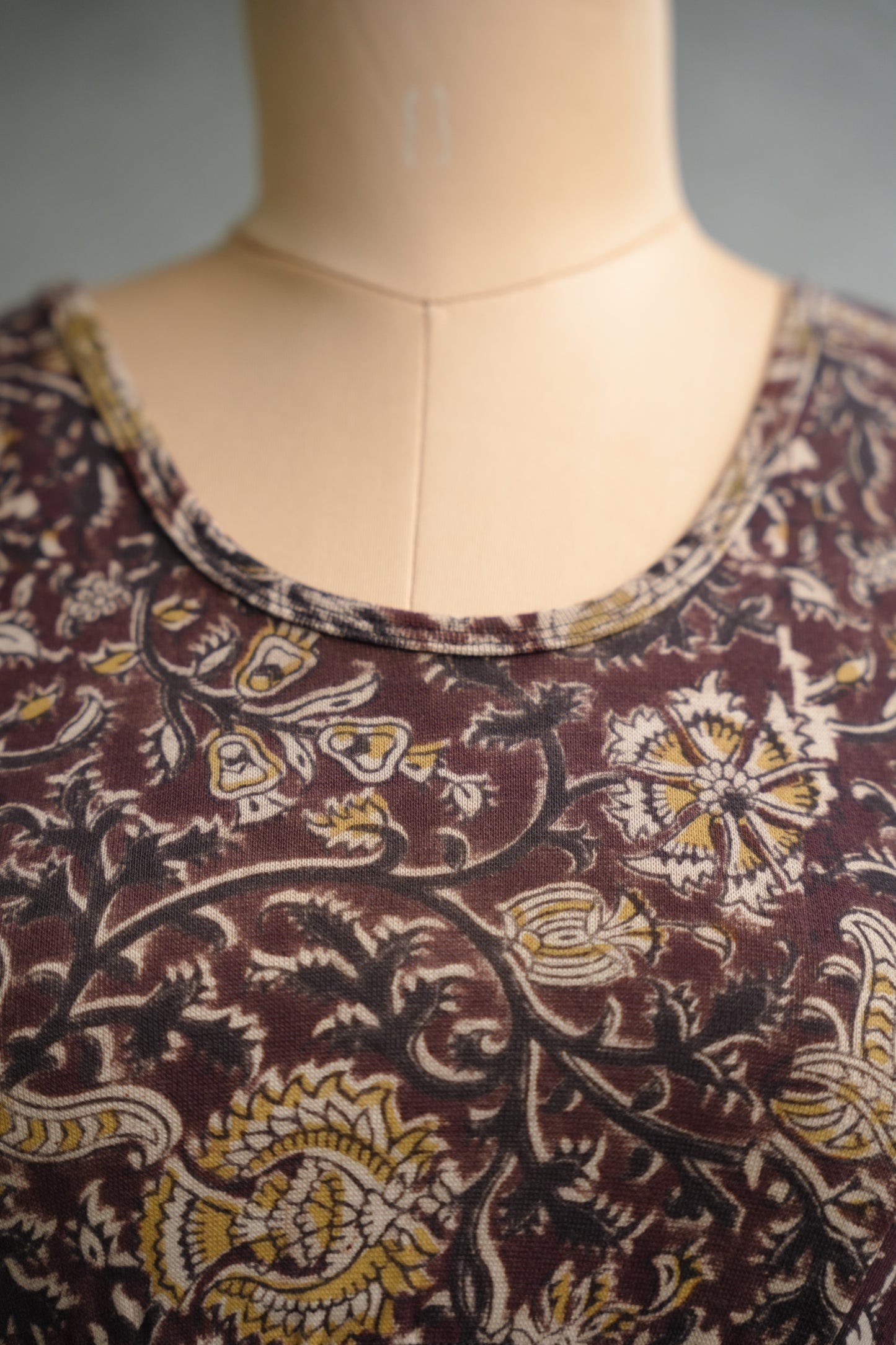 Brown Round Neck Stretchable Hand block printed kalamkari blouse