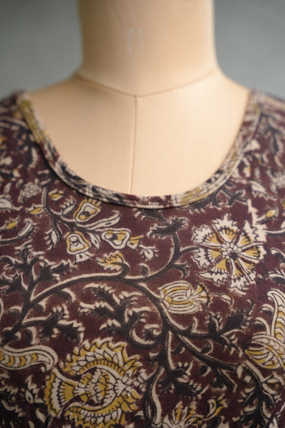 Brown Round Neck Stretchable Hand block printed kalamkari blouse