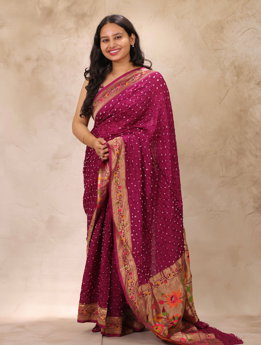 Magenta Handcrafted Bandhani Paithani Dola Silk Saree | Looms & Tassels