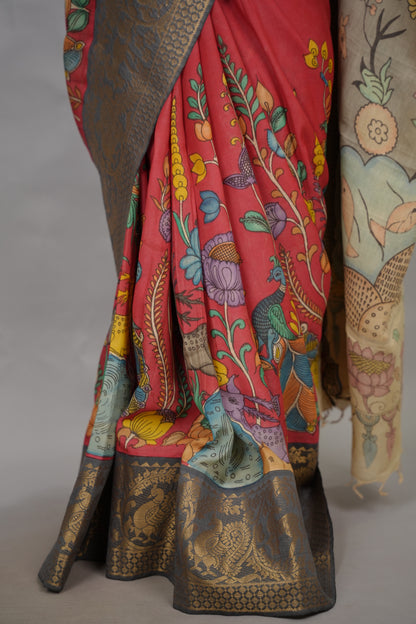 Pink Hand Drawn Pen Kalamkari Bangalore Silk Kanchi Border Saree | Looms & Tassels