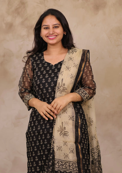Black Handblock printed kota 3 piece suit (stitched)