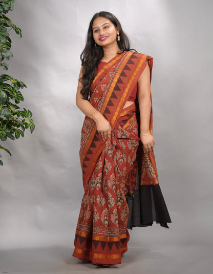 Red Ajrakh Hand Block Printed Sungudi Cotton Saree | Looms & Tassels