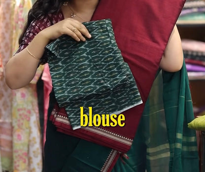 Maroon Narayanpet Cotton Saree with Ikkat Blouse Piece | Looms & Tassels