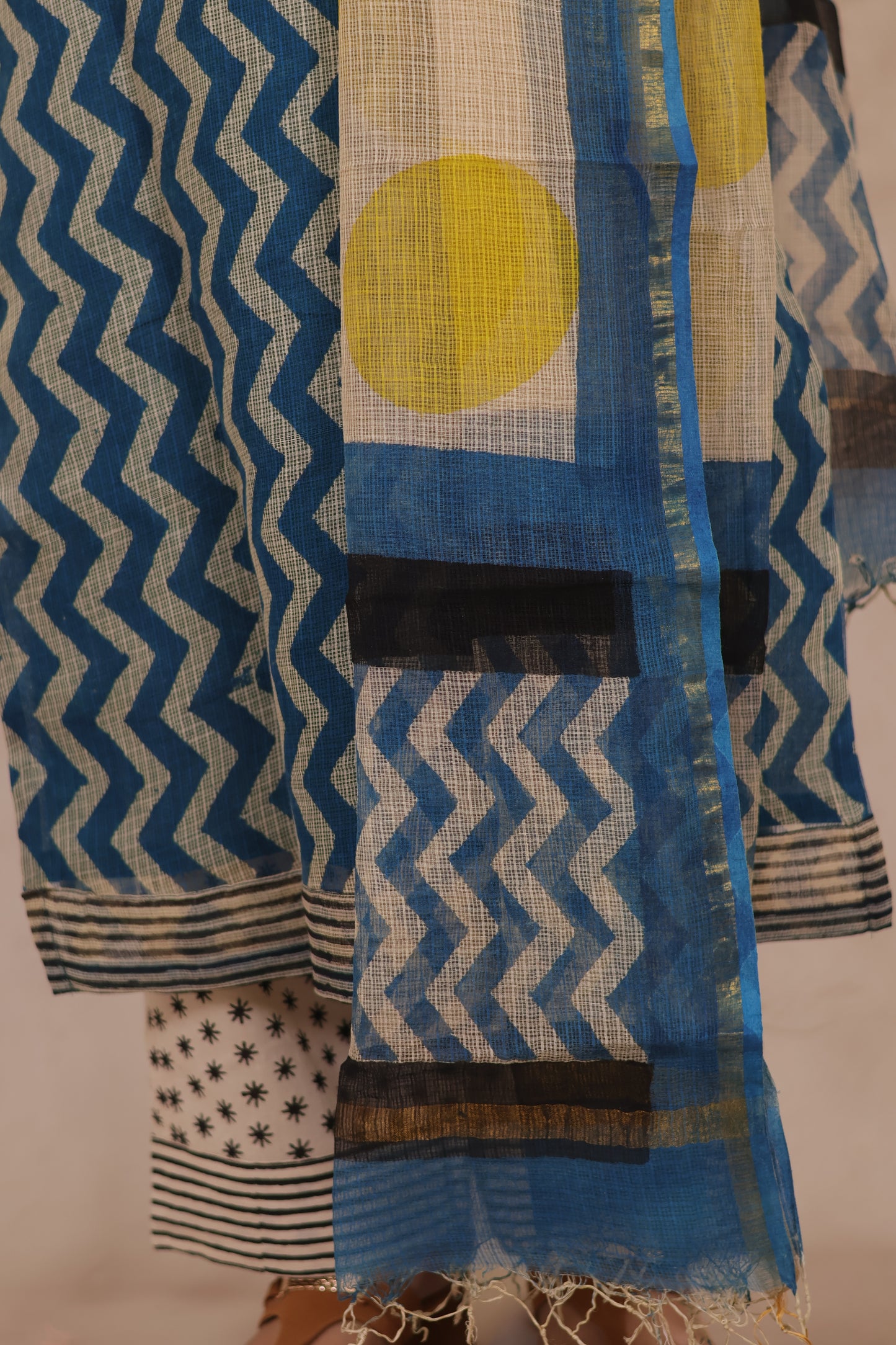 Cyan Blue Contemporary Handblock printed kota 3 piece suit (stitched)