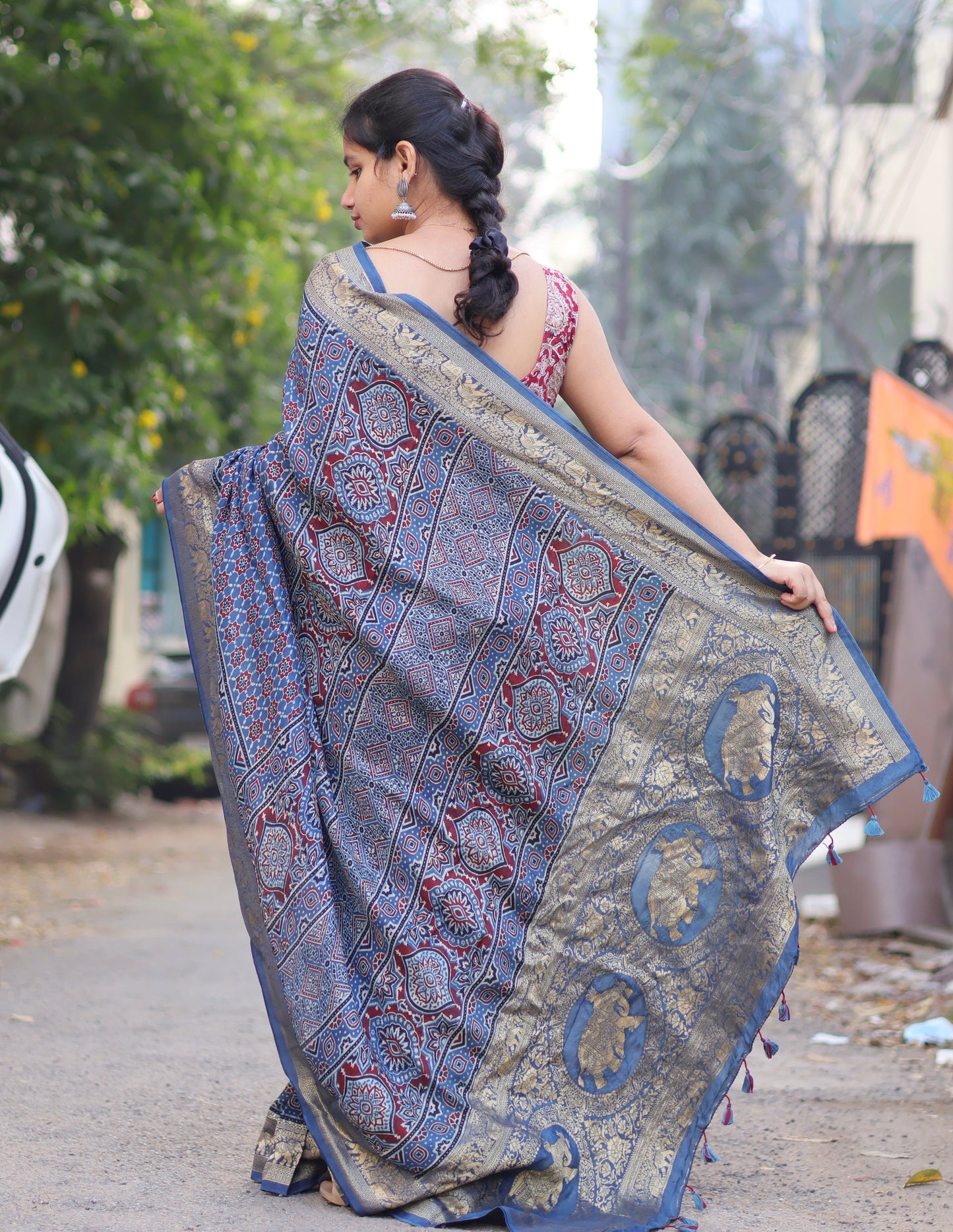 Indigo Ajrakh Dola Silk Saree