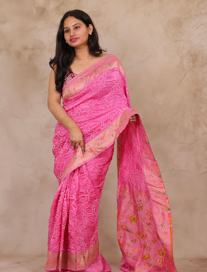 Pink Handcrafted Pattern Bandhani Paithani Dola Silk Saree | Looms & Tassels