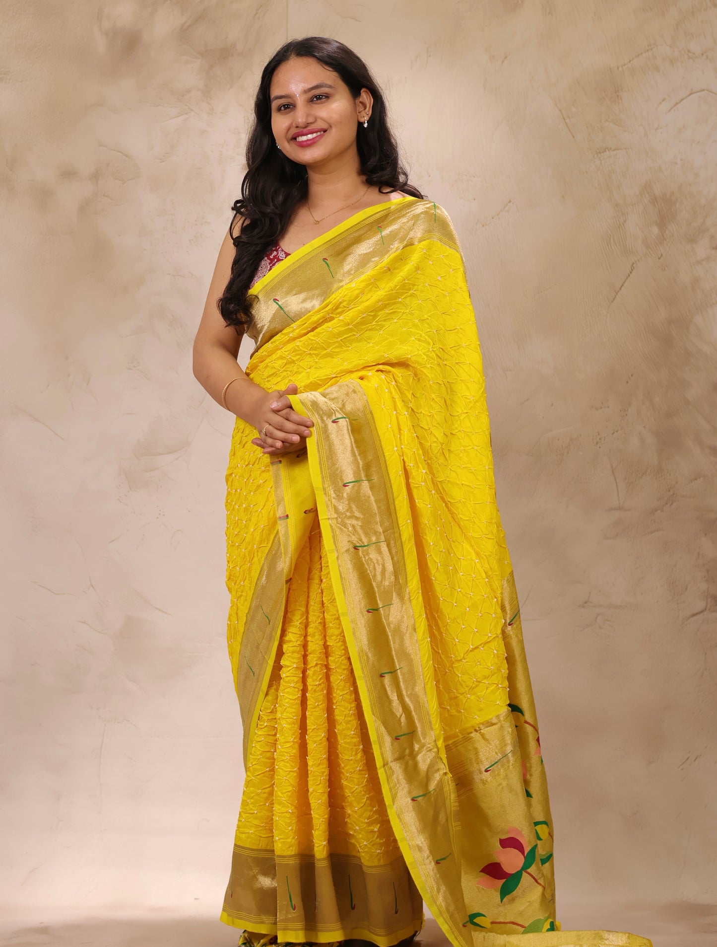 Yellow Handcrafted Bandhani Paithani Dola Silk Saree | Looms & Tassels
