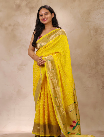 Yellow Handcrafted Bandhani Paithani Dola Silk Saree | Looms & Tassels