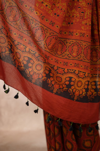 Ajrakh Hand Block Printed Cotton Saree | Looms & Tassels