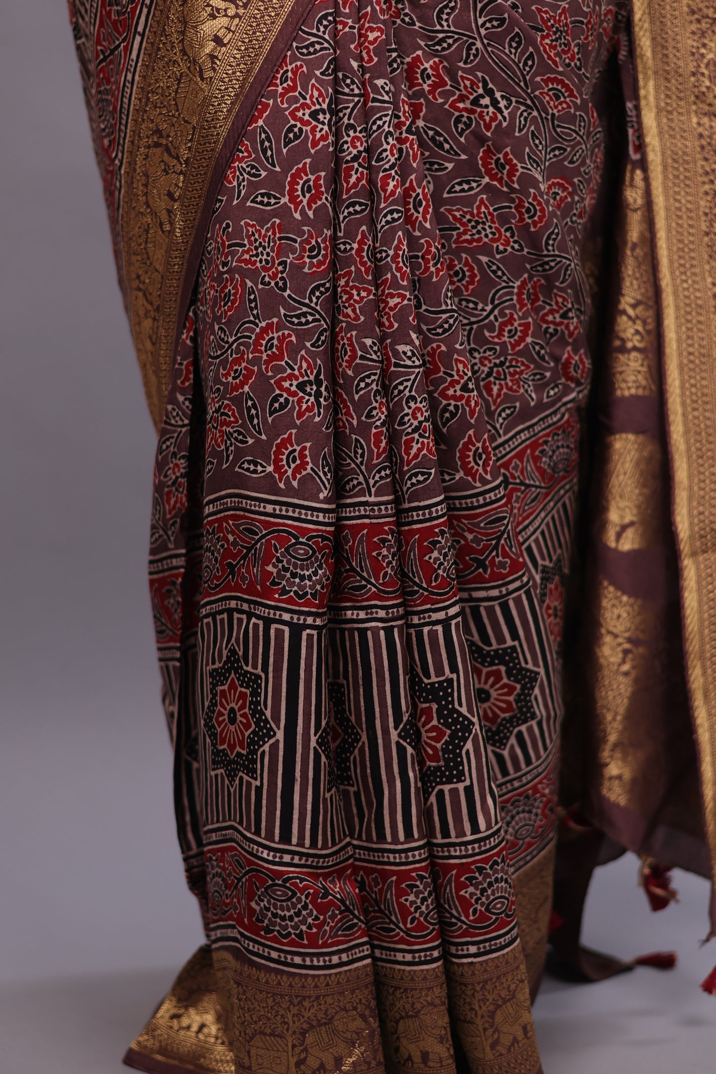 Brown Flower Butta Authentic Ajrakh Hand Block printed Dola Silk Saree | Looms & Tassels