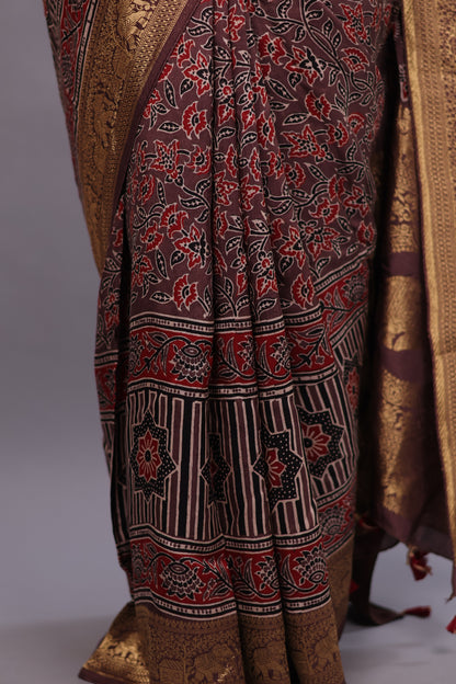 Brown Flower Butta Authentic Ajrakh Hand Block printed Dola Silk Saree | Looms & Tassels