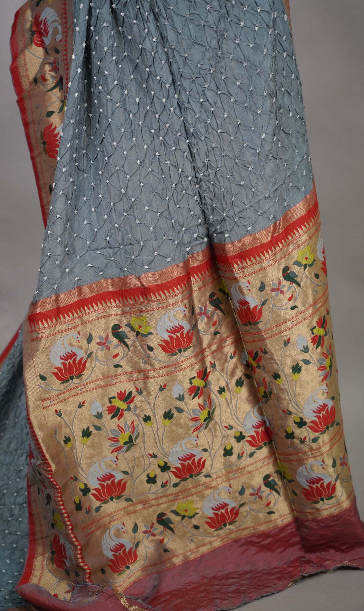Grey Handcrafted Bandhani Paithani Dola Silk Saree | Looms & Tassels