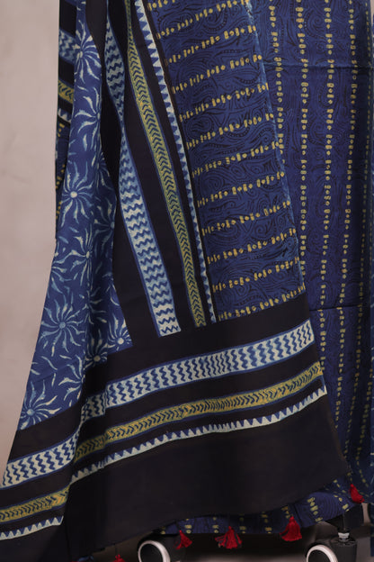 Blue Ajrakh Handblock Printed Pure Cotton 3 piece suit set | Looms & Tassels