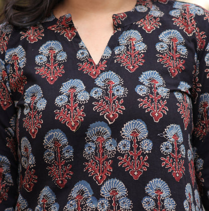 Collar Neck Ajrakh Hand Block Printed Kurti | Looms & Tassels
