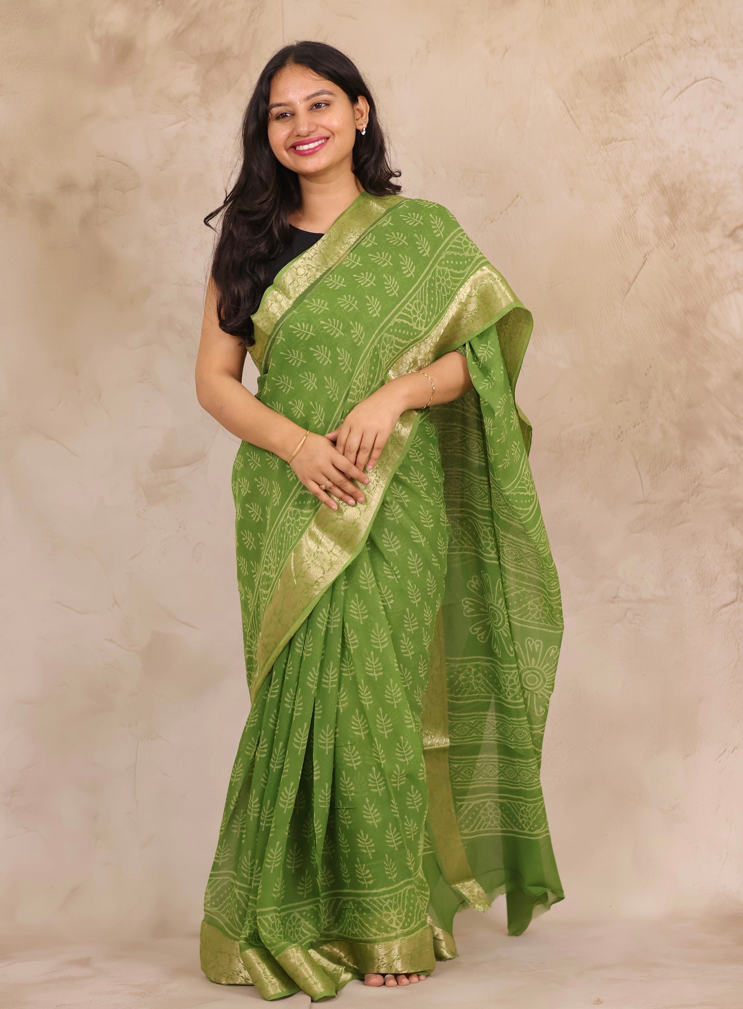 Green Chiffon Hand Block Printed Saree with Jari Border | Looms & Tassels