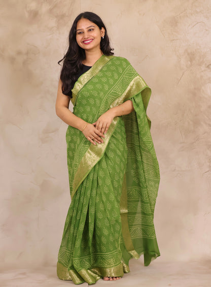 Green Chiffon Hand Block Printed Saree with Jari Border | Looms & Tassels