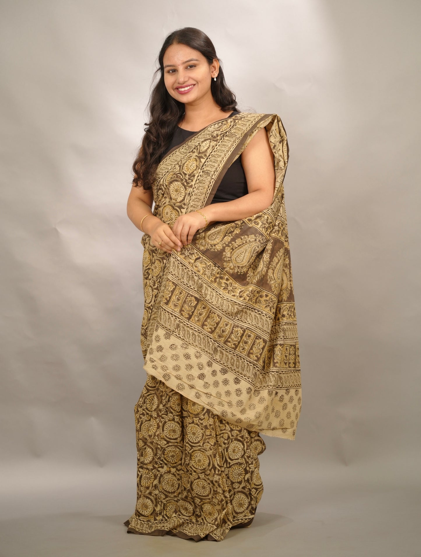 Mehendi Green Hand Block Printed Kalamkari Cotton Saree | Looms & Tassels