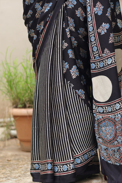 Black Ajrakh Modal Silk Saree
