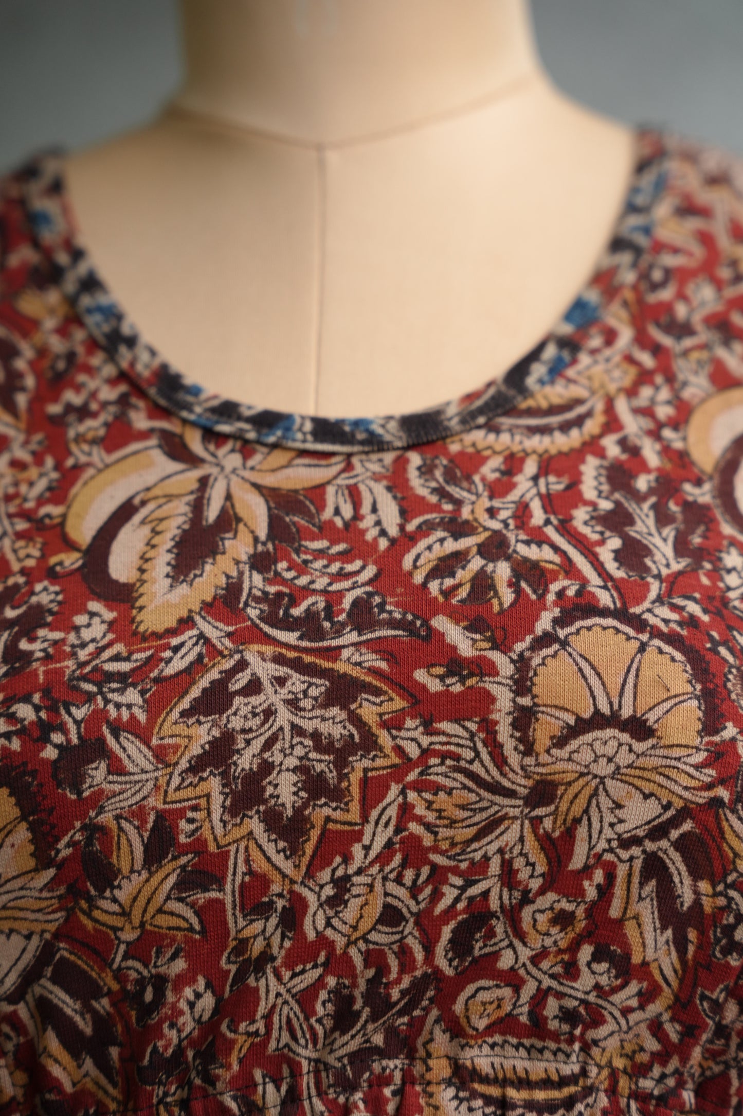 Red Round Neck Stretchable Hand block printed kalamkari blouse