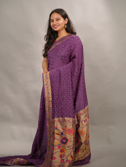 Purple Handcrafted Bandhani Paithani Dola Silk Saree | Looms & Tassels