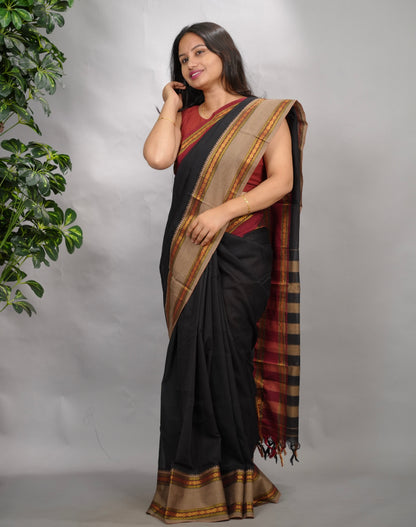 Black Narayanpet Cotton Saree With Ganga And Jamuna Border | Looms & Tassels
