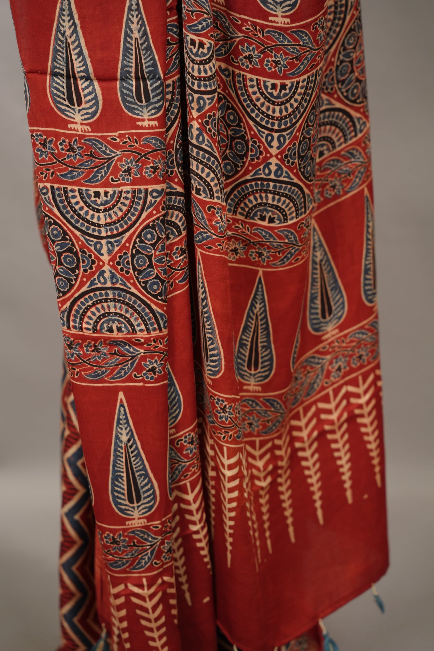 Maroon Authentic Ajrakh Handblock Printed Modal Silk Saree | Looms & Tassels