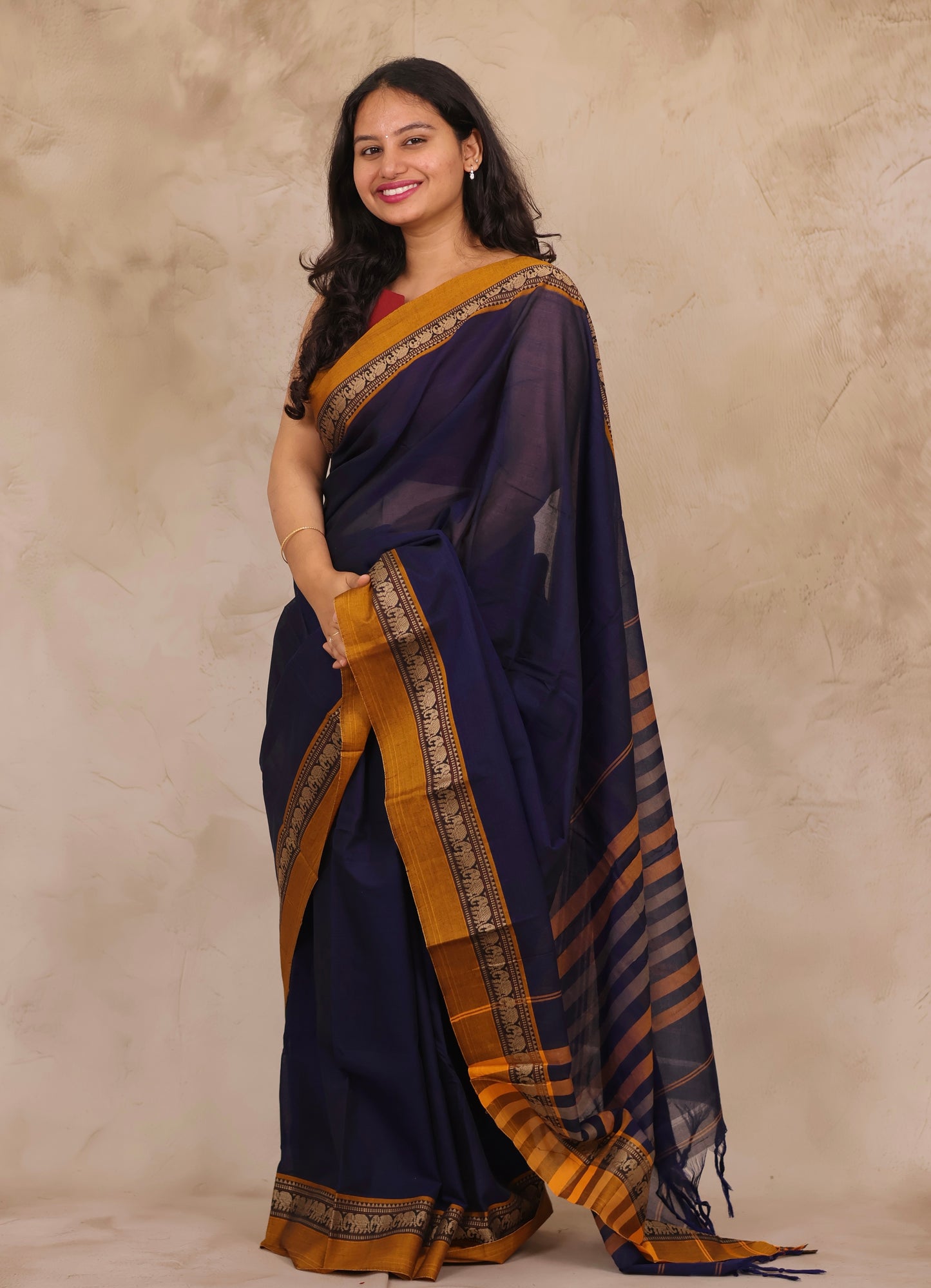 Blue Narayanpet Cotton Saree with Elephant Border | Looms & Tassels
