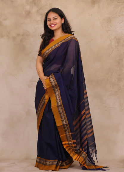 Blue Narayanpet Cotton Saree with Elephant Border | Looms & Tassels