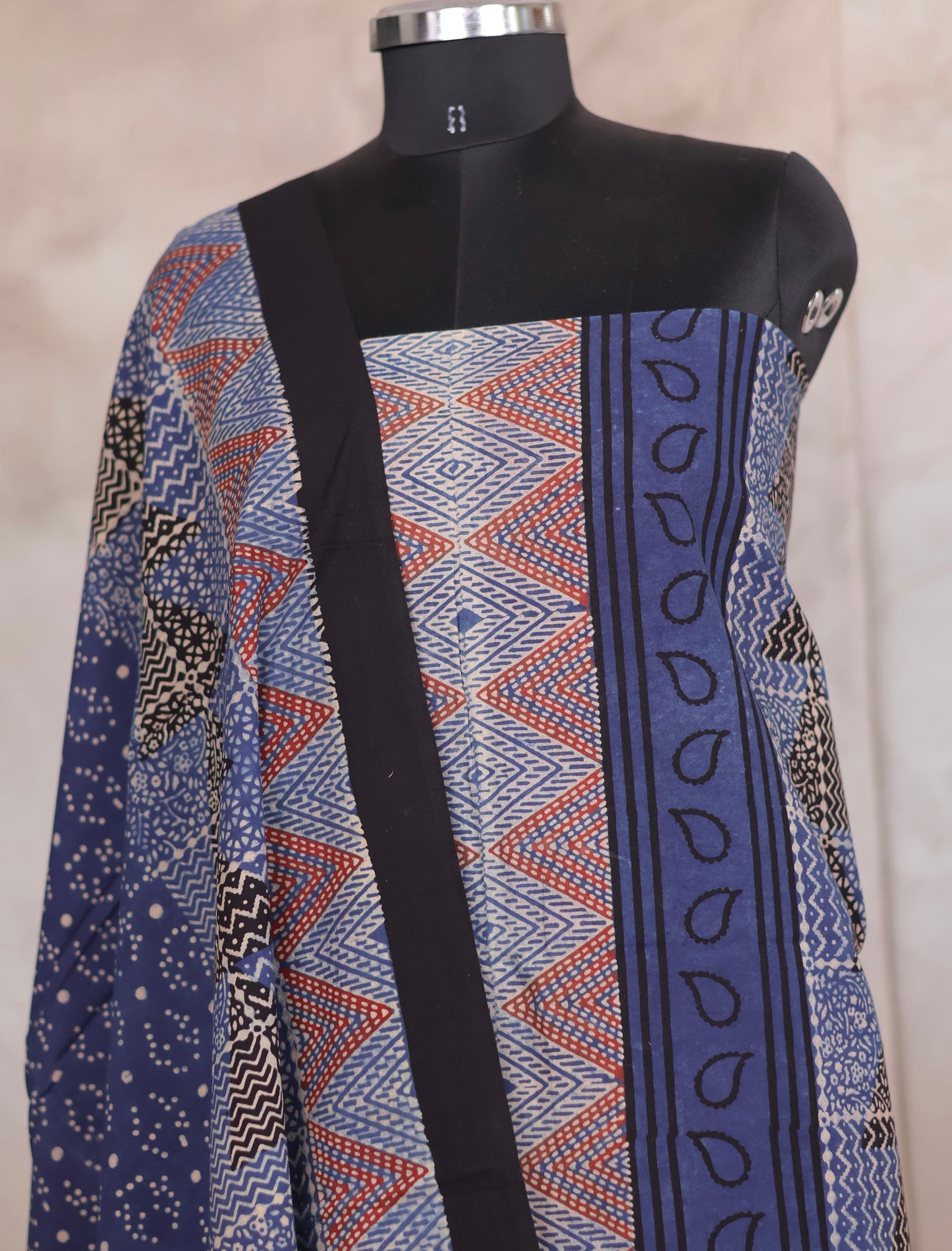 Indigo Ajrakh Handblock Printed Pure Cotton 3 piece suit set | Looms & Tassels