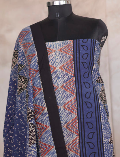 Indigo Ajrakh Handblock Printed Pure Cotton 3 piece suit set | Looms & Tassels