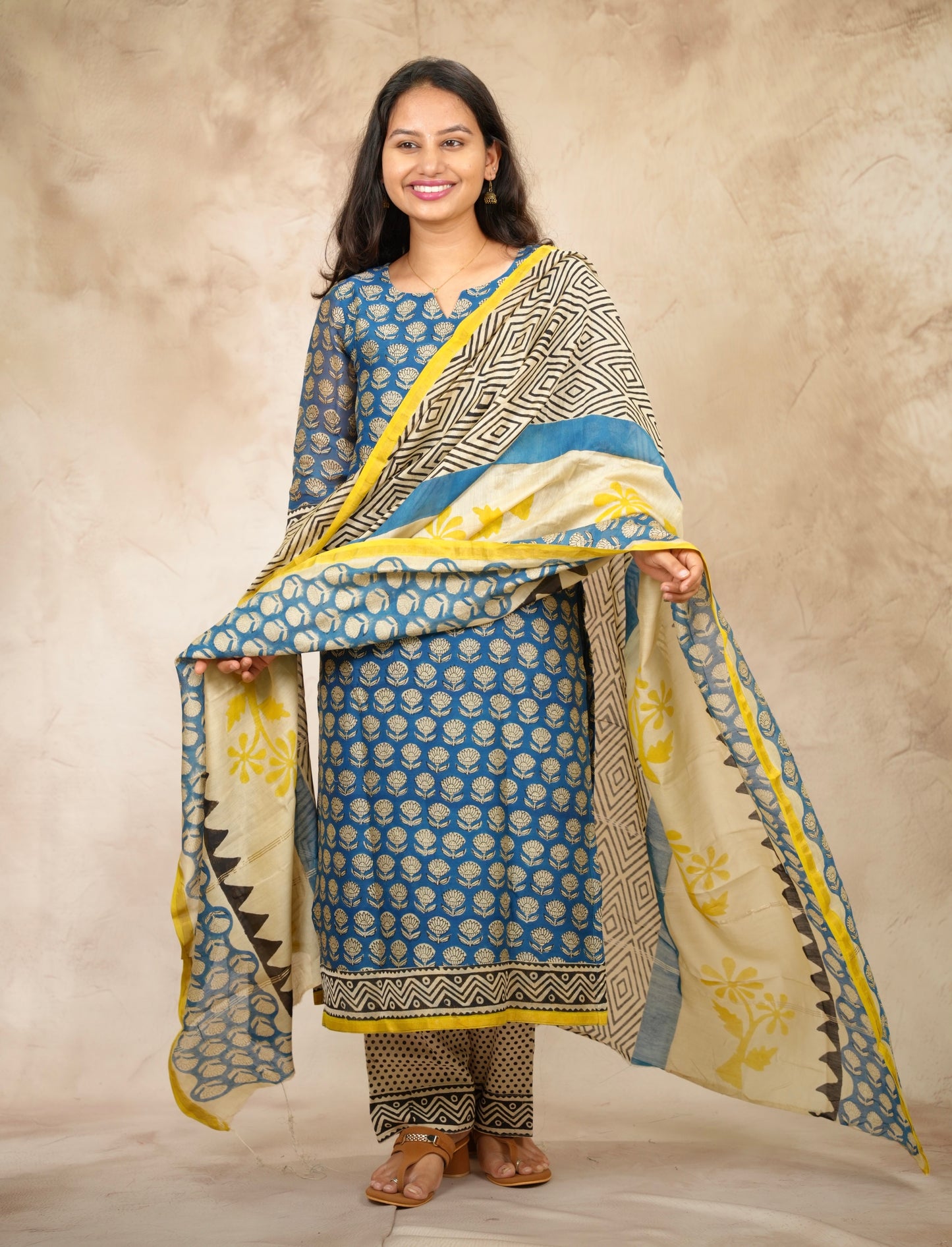 Blue Handblock printed Pure Chenderi Silk 3 piece suit (stitched) |  Looms & Tassels