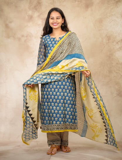 Blue Handblock printed Pure Chenderi Silk 3 piece suit (stitched) |  Looms & Tassels
