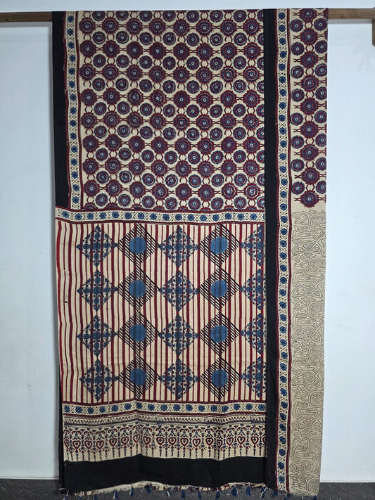 Beige Exclusive Mandala Pattern Ajrakh Handblock Printed Modal Silk Saree